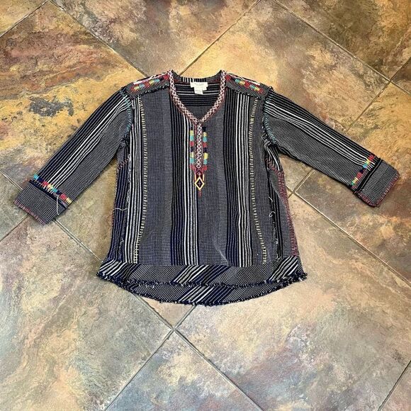 Tru Luxe Embroidered V-Neck Stripe Rough Cut Multicolored Top Small - Picture 3 of 9